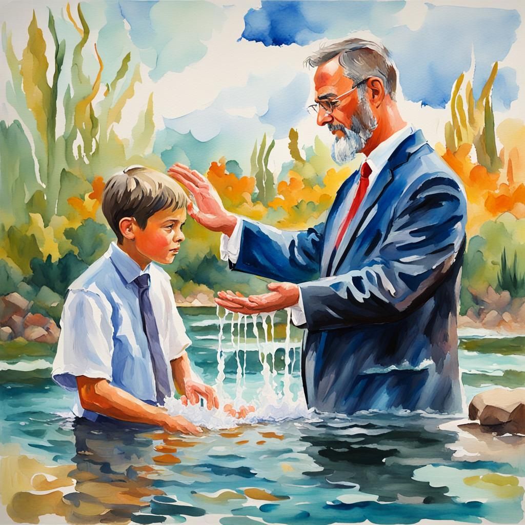 Pastor Baptizing Teen in Gouache Impressionist Style