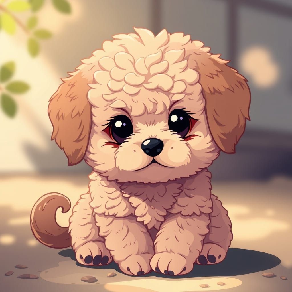 Anime-Style Shipoo Puppy with Light Brown Curly Fur and Blac...