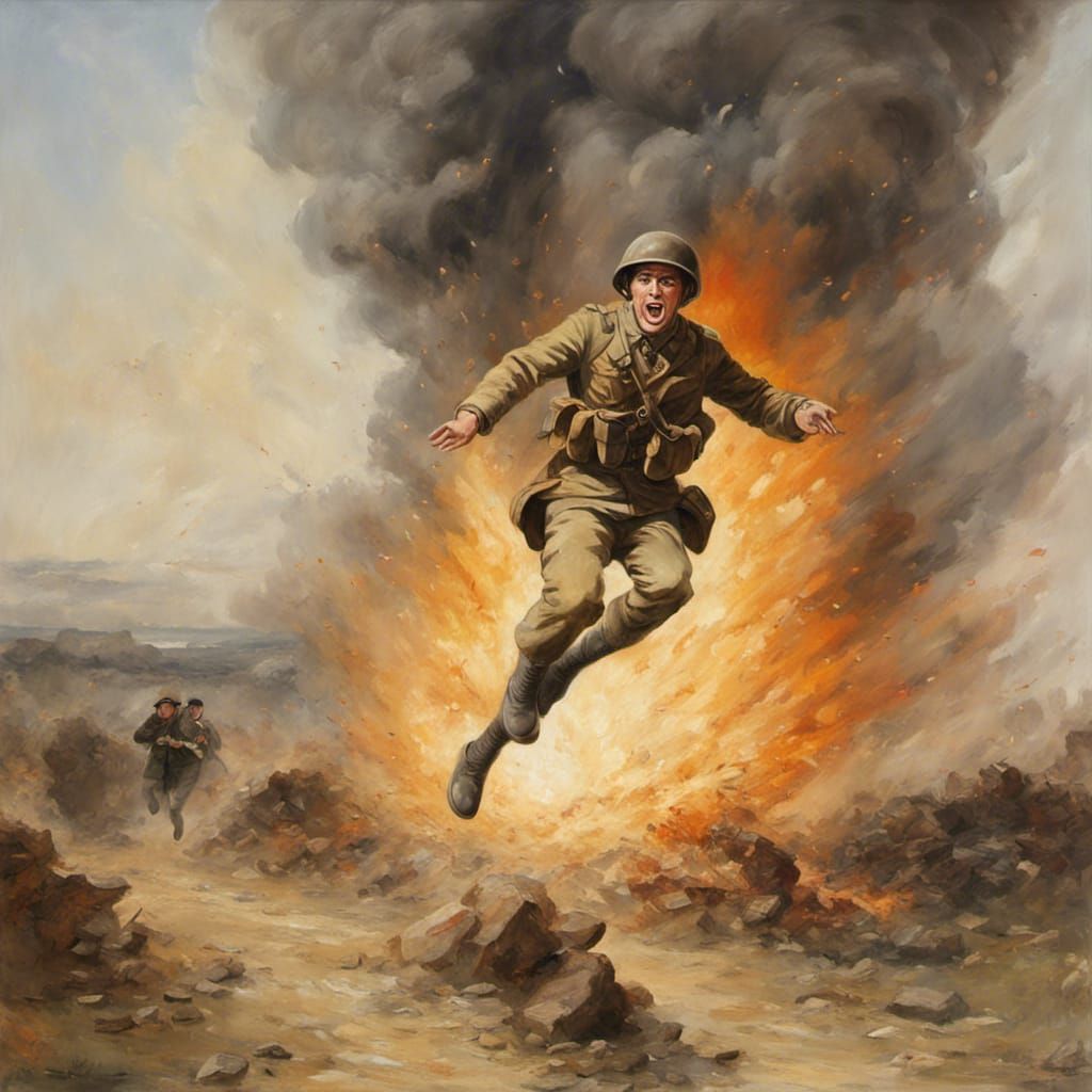 British Soldier Leaps From Explosion in Painting