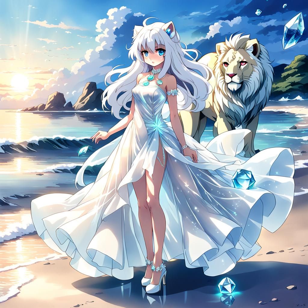 Anime Girl with Lion on Glowing Seashore