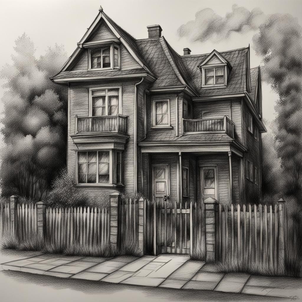 Detailed Charcoal Sketch of a House