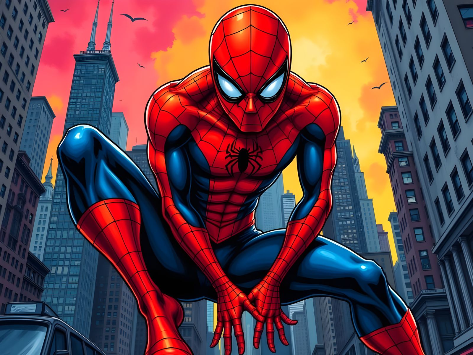 Spiderman in Chicago Cityscape, Illustrative Style