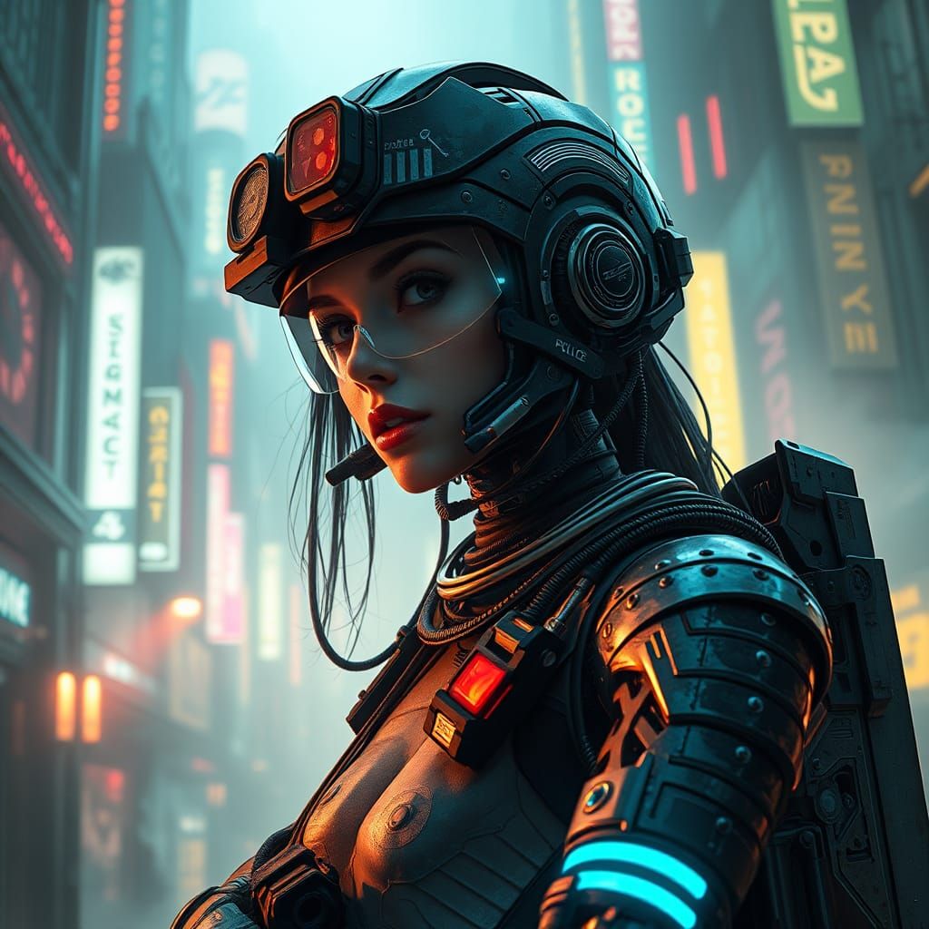 Cyborg Policewoman in Neon Cityscape, Cyberpunk Style