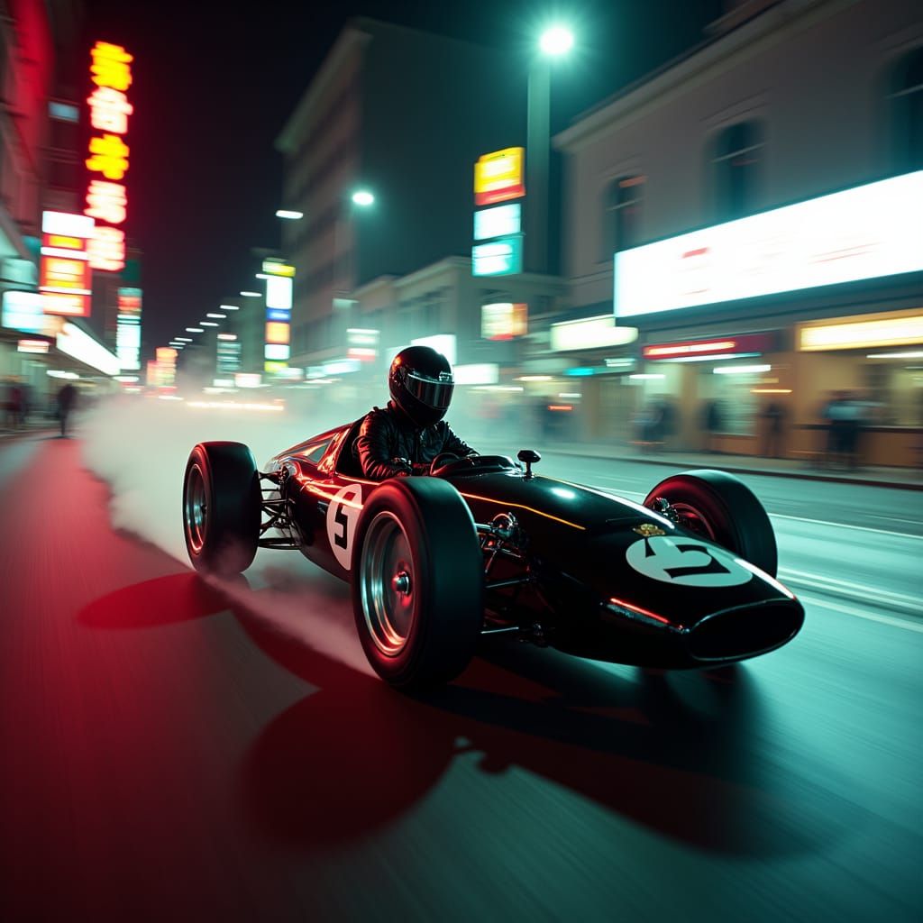 Woman Racer Speeds Through Neon City Night