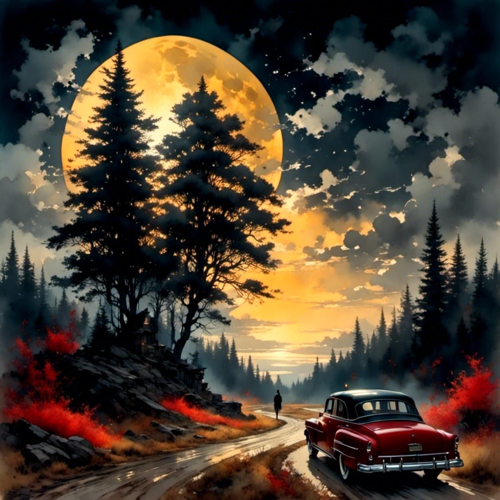 Eerie Forest Scene with Vintage Car in Ink Sketch Style