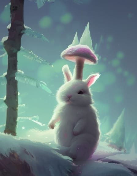 Fluffy Bunny on Glowing Mushroom in Winter Forest