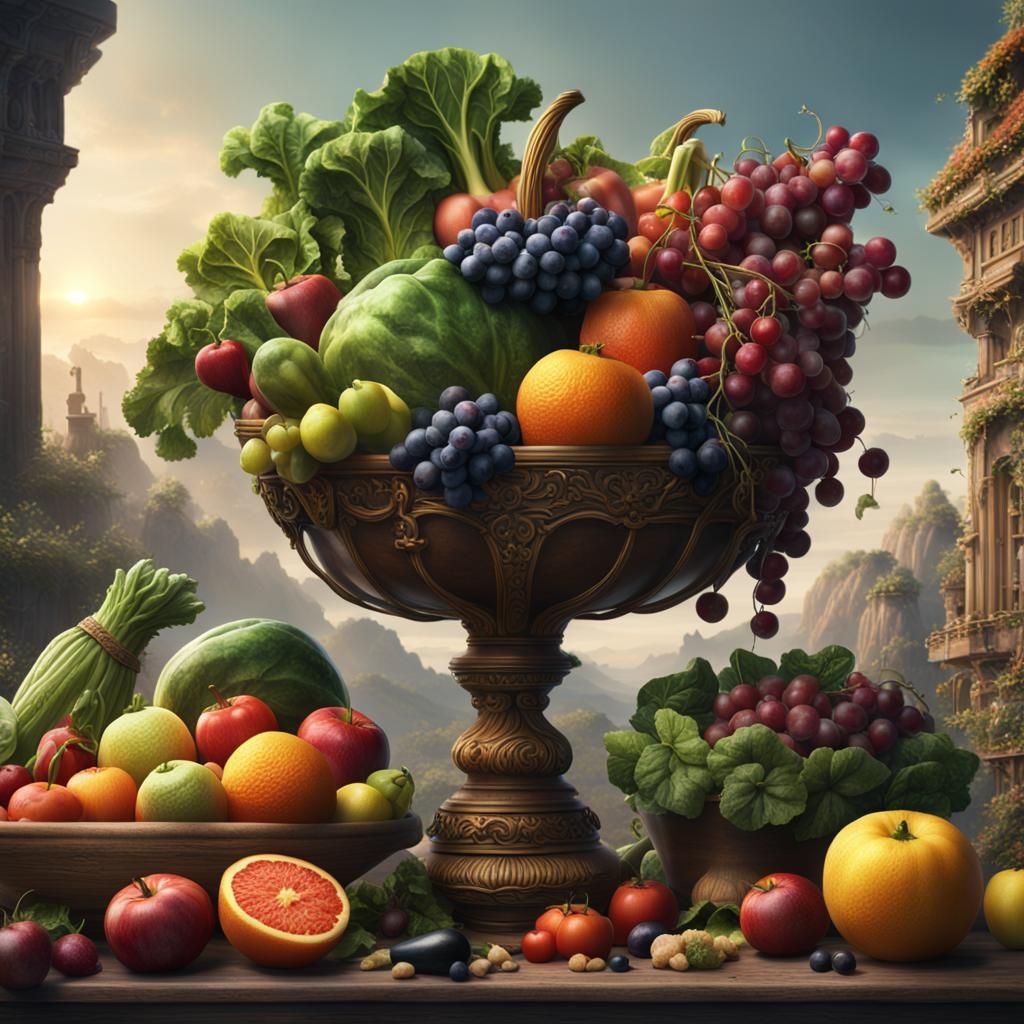 Detailed Still Life Painting of Fruits and Vegetables