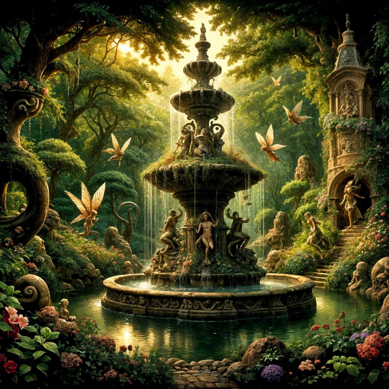 A majestic fountain in a secret fairy garden, surrounded by lush greenery and sparkling flowers.