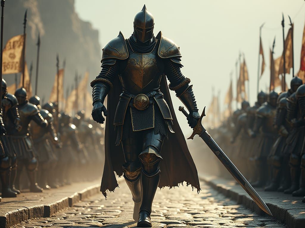 Armored Warrior Charges Across Bridge in Hyperrealism