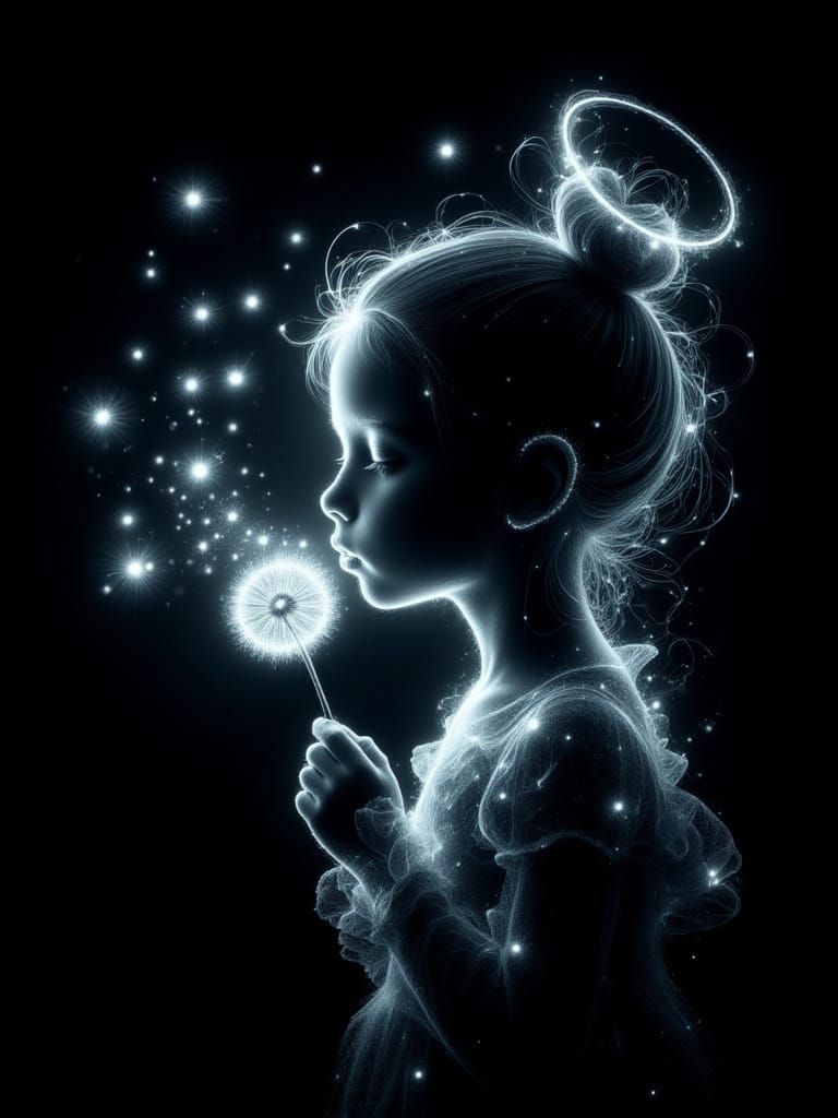 Ethereal Girl with Dandelion in Luminous Lines