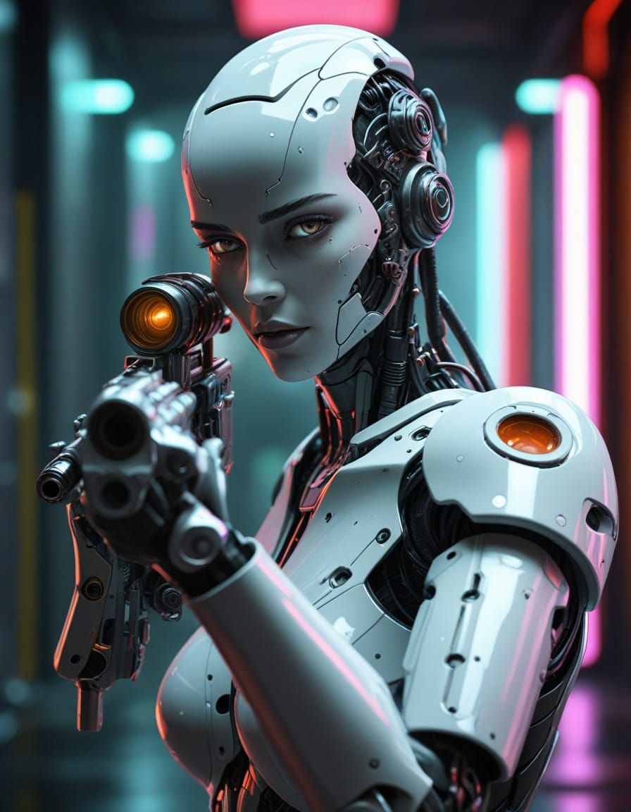 High-End Cyborg Battle Robot in Noir Cyberpunk Aesthetic