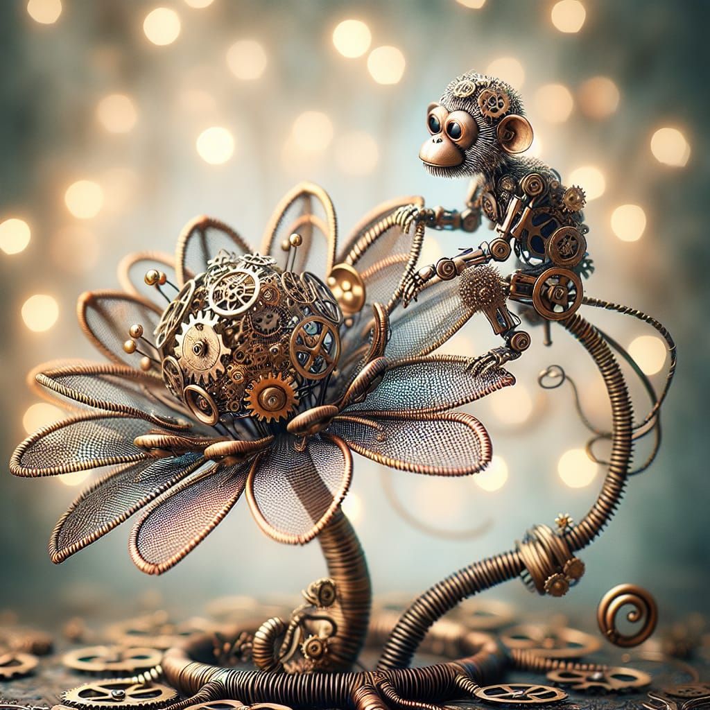 Steampunk Mechanical Monkey Amidst Blooming Metal Flower