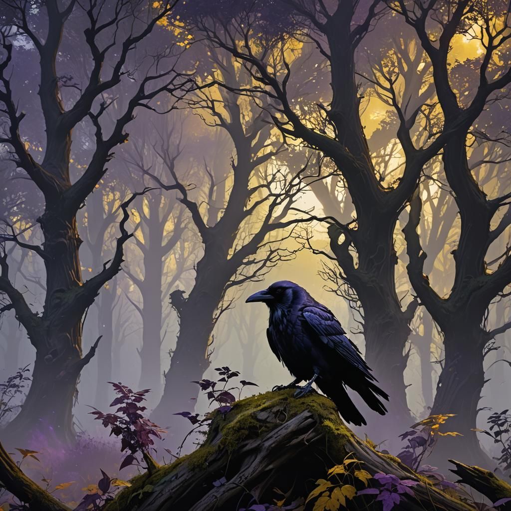 Raven in Misty Forest: Dark Fantasy Concept Art