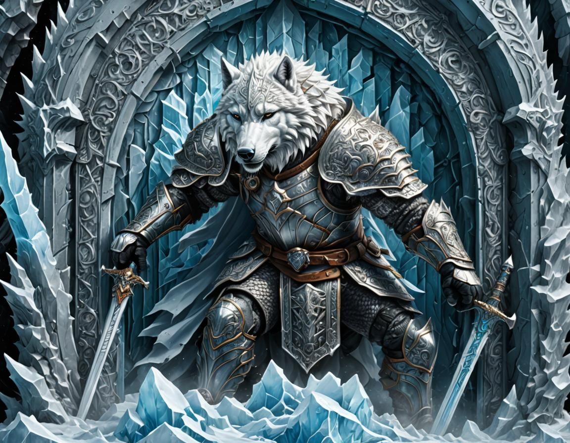 Iced Wolf Knight in Hyperrealistic Action Painting