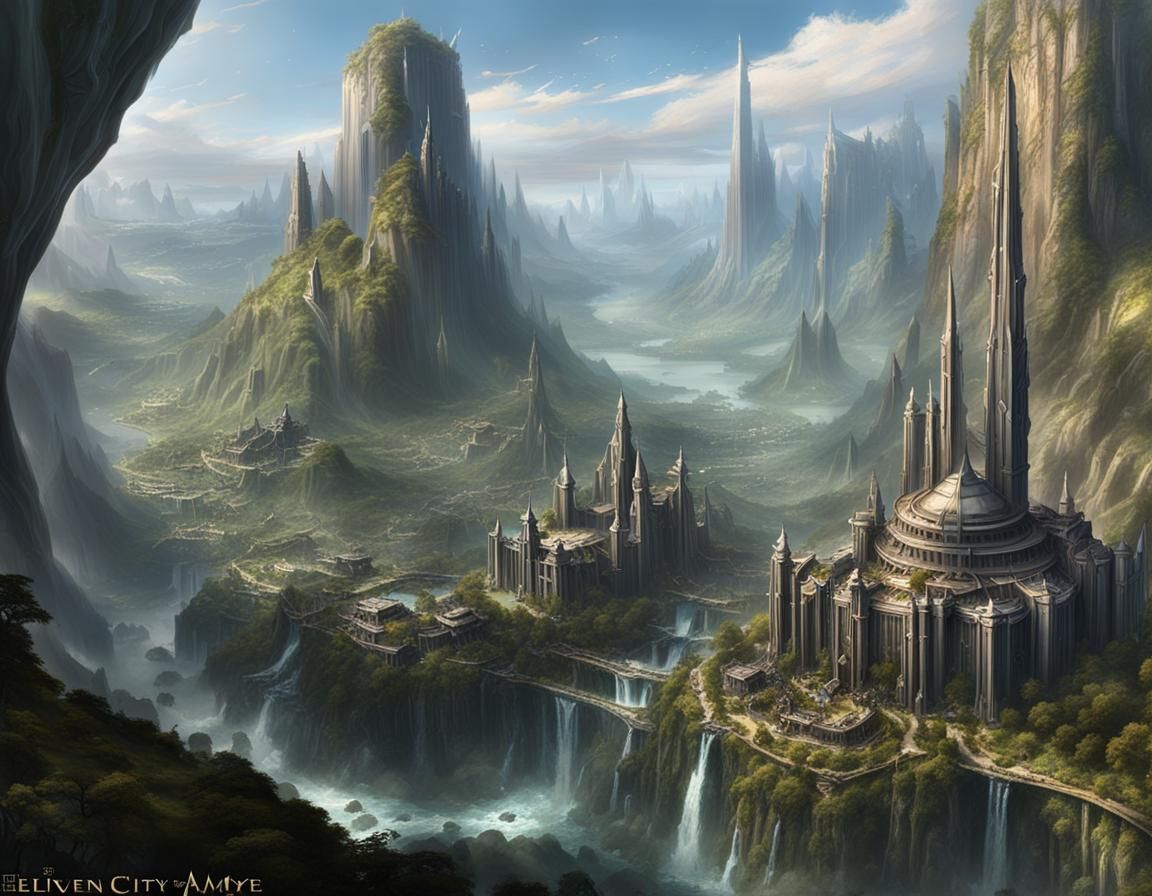 Futuristic Elven City in Valley: Matte Painting