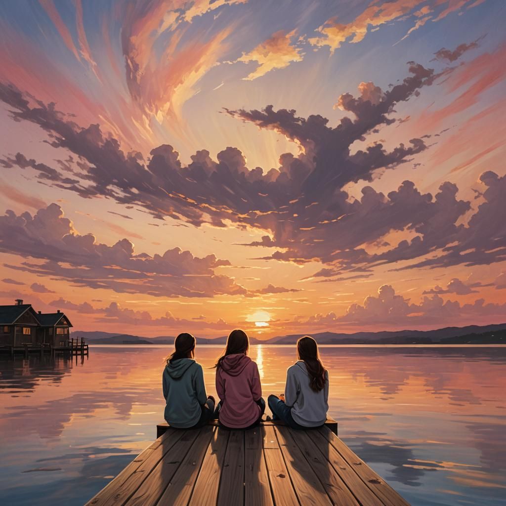 Dreamcore Sunset Scene with Girls on Dock