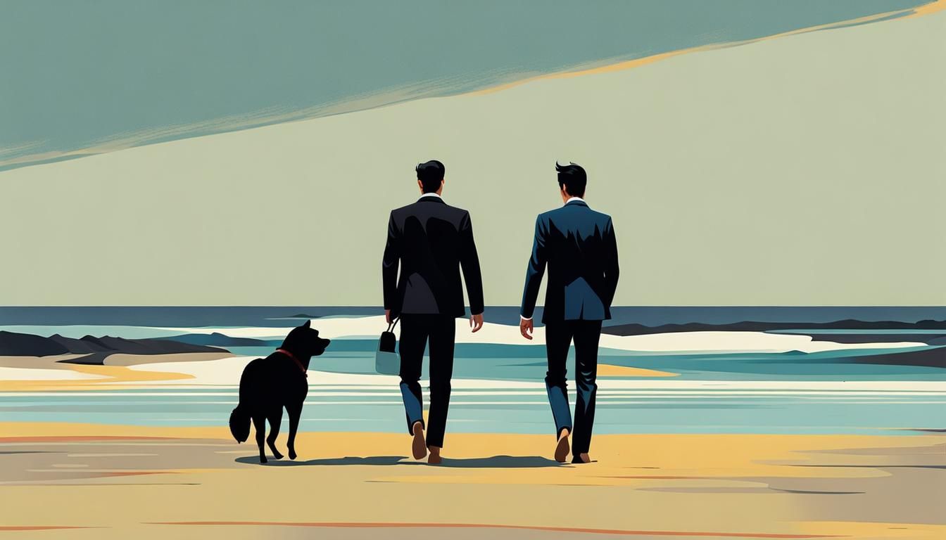 Men Walking on Beach with Dog in Abstract Art Style