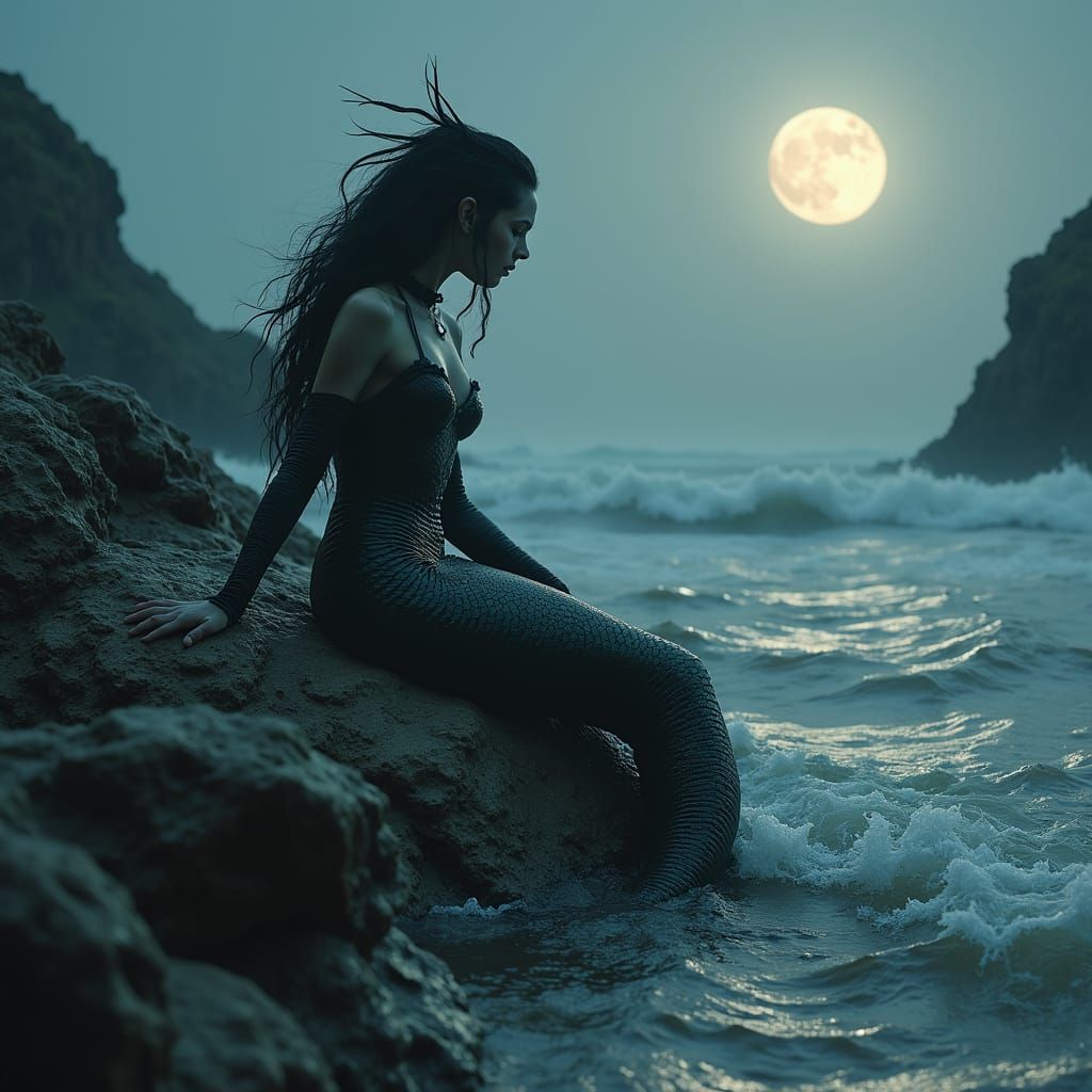 Gothic Mermaid Resting on Rock Under Blood Moon