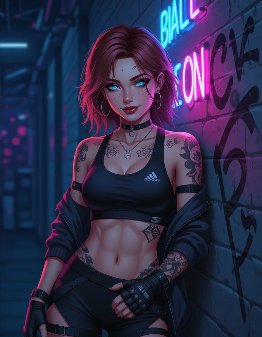 Confident Anime Woman in Neon Sci-Fi VR Bar