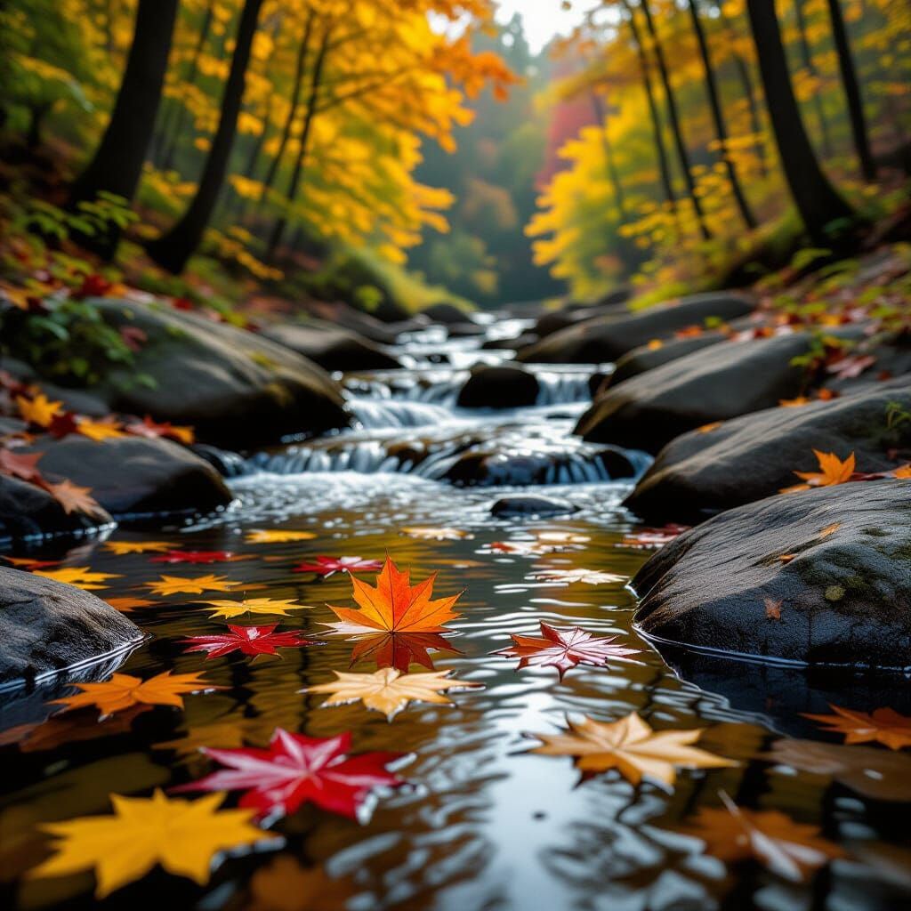 Autumn Leaves Float Down Creek in Hyperrealism
