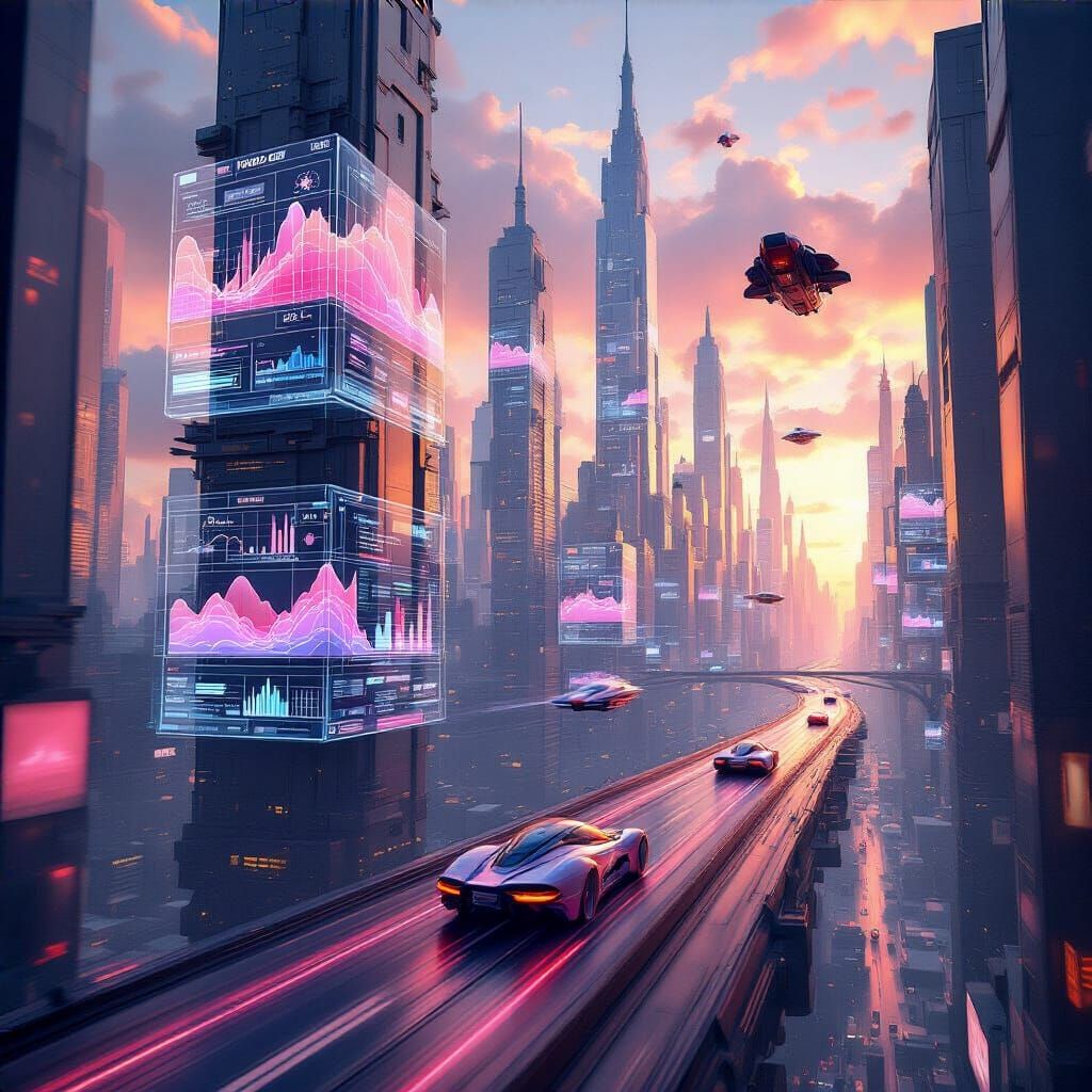 Futuristic Cityscape with Data Visualizations in 3D Art
