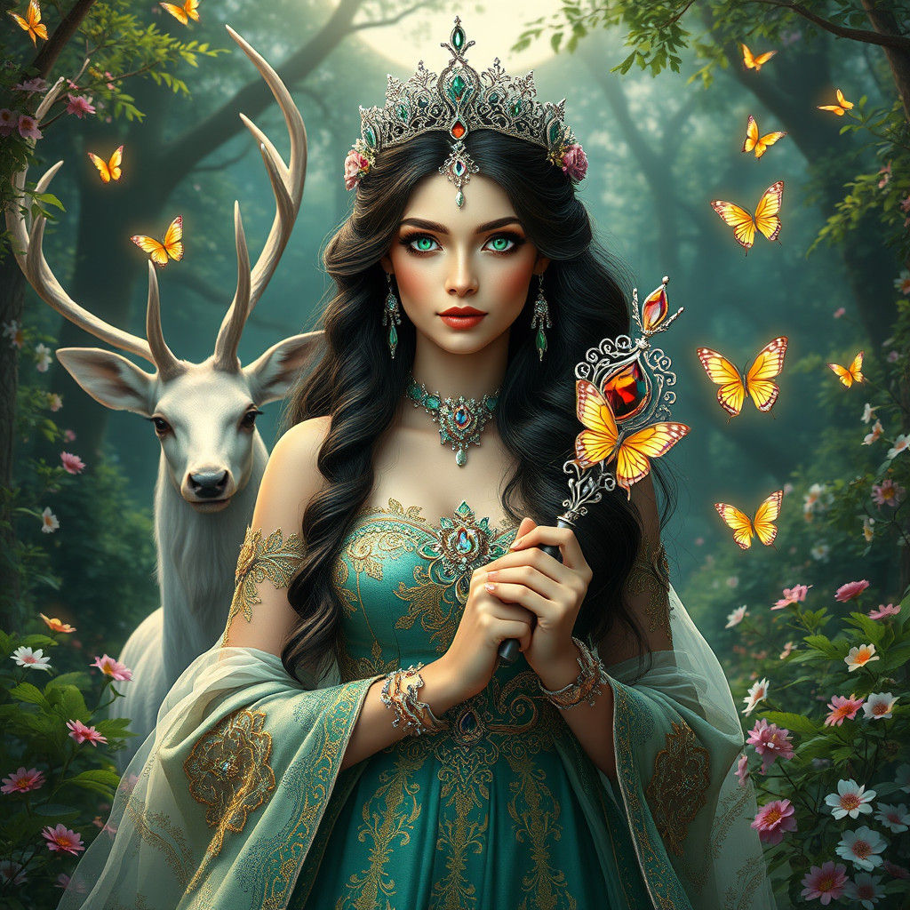 Princess in Enchanted Forest with Stag, Digital Art