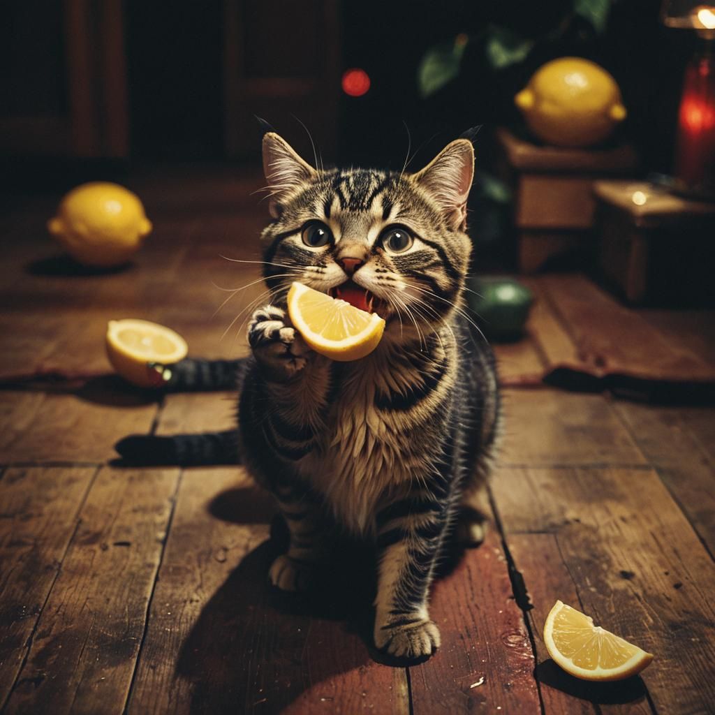 Kitty Cat Bites Lemon in Dark Academia Aesthetic