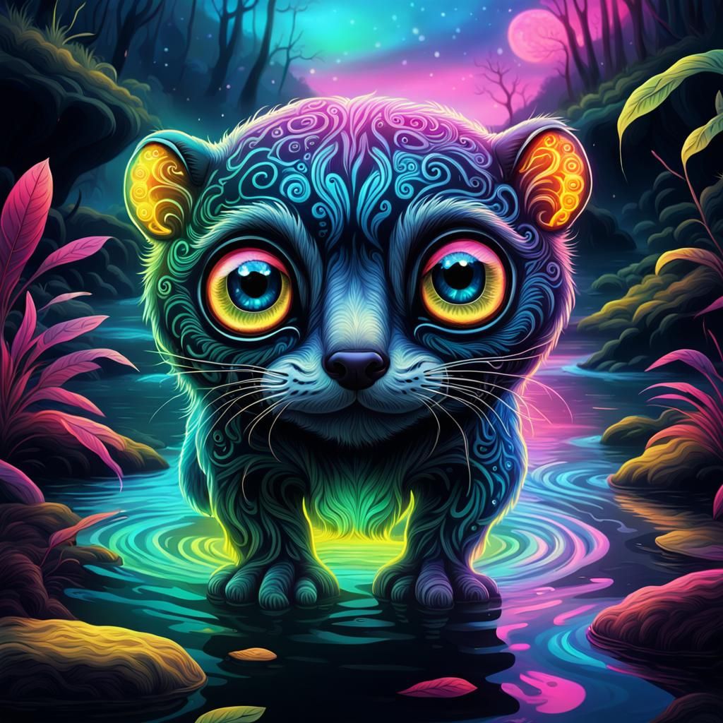 Psychedelic Otter with Big Eyes in Neon River