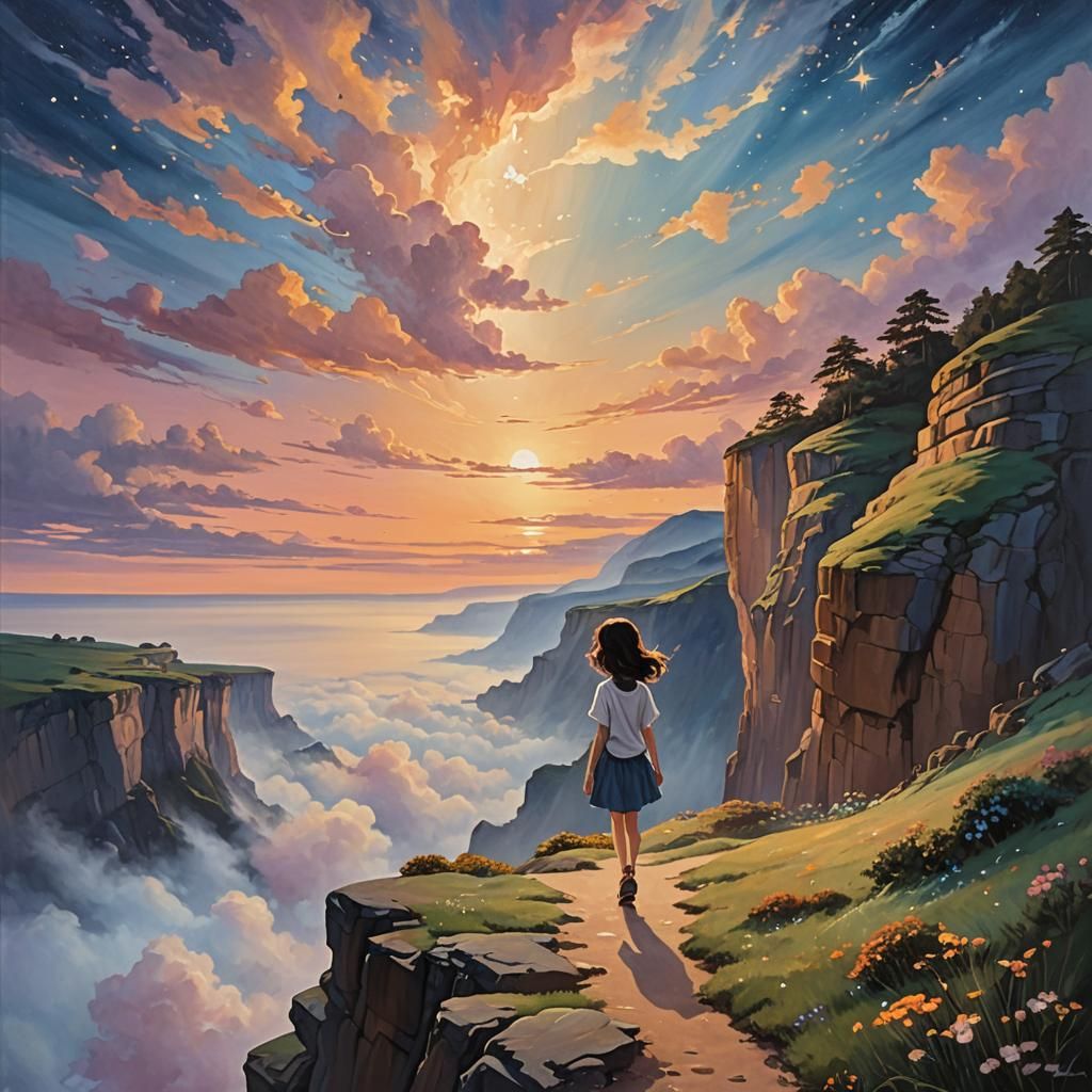 Dreamy Manga Girl at Dusk in Oil Painting