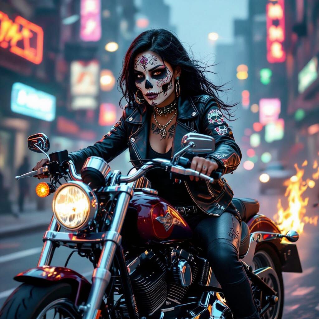 Latina Biker Rides in Neon Cyberpunk City