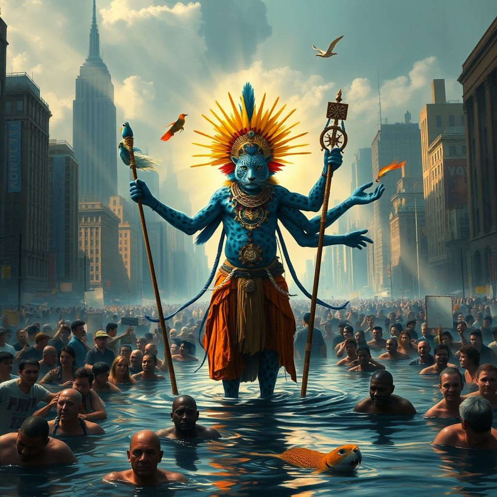 Blue Leopard Shaman in Flooded City, Surreal Art