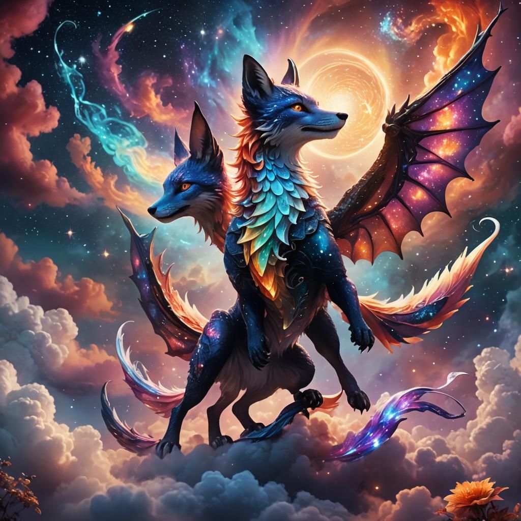 Galaxy Fox Dragon and Fairy in Art Nouveau Style