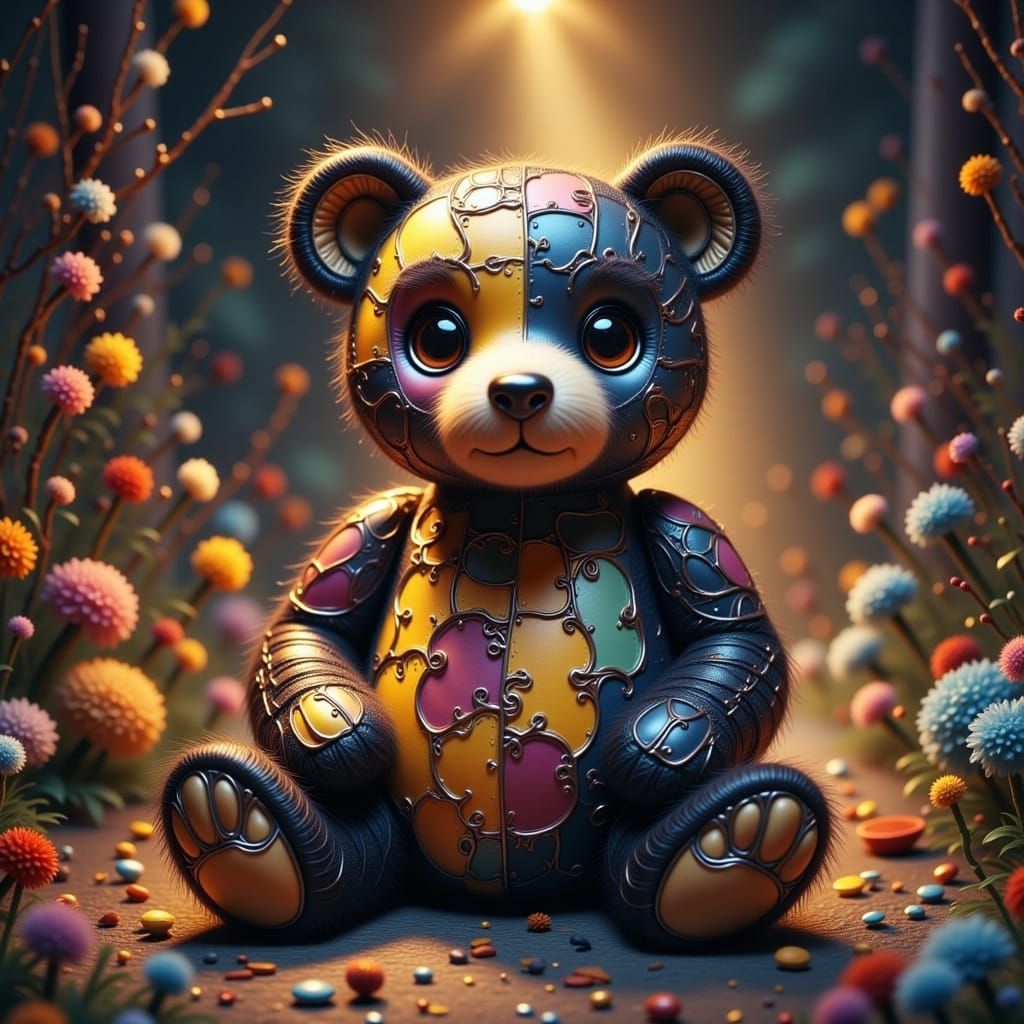 Charming Black and Yellow Patchwork Teddy Bear in Whimsical ...