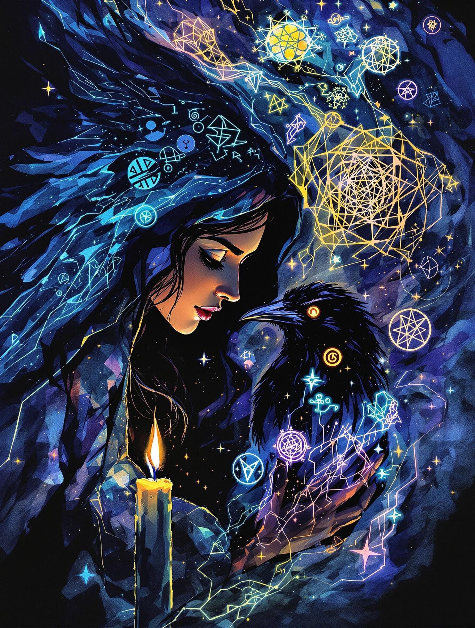 Bioluminescent Witch in Ebony Watercolor