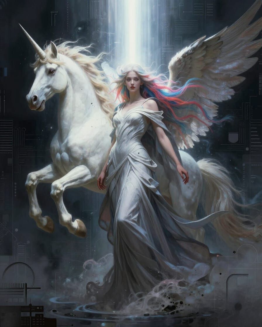 Ethereal Angel of Death Goddess with Flying Unicorn