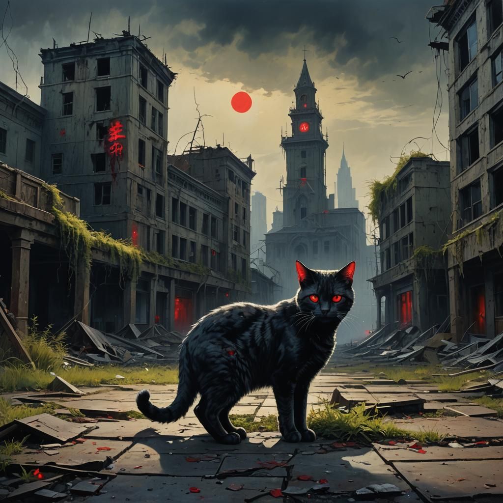 Dystopian Cat in Abandoned City Square
