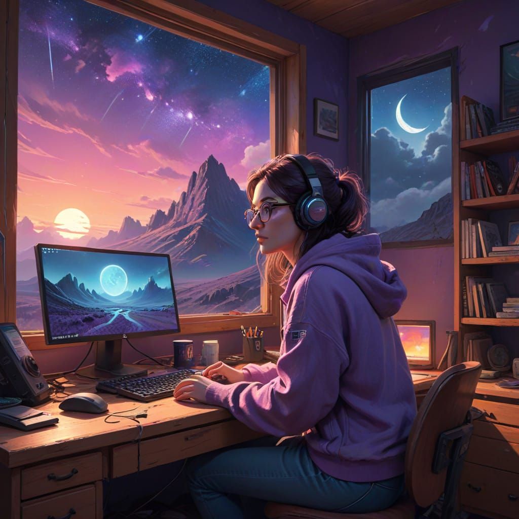 Gamer Girl Contemplates Starry Night Sky