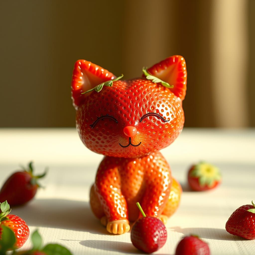 Whimsical Strawberry Cat Sculpture in Pop Art Style
