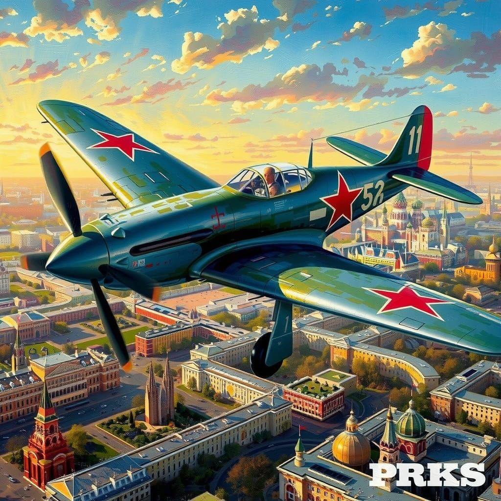 Soviet Fighter Soars Over Morning Moscow in Vibrant Oil Pain...