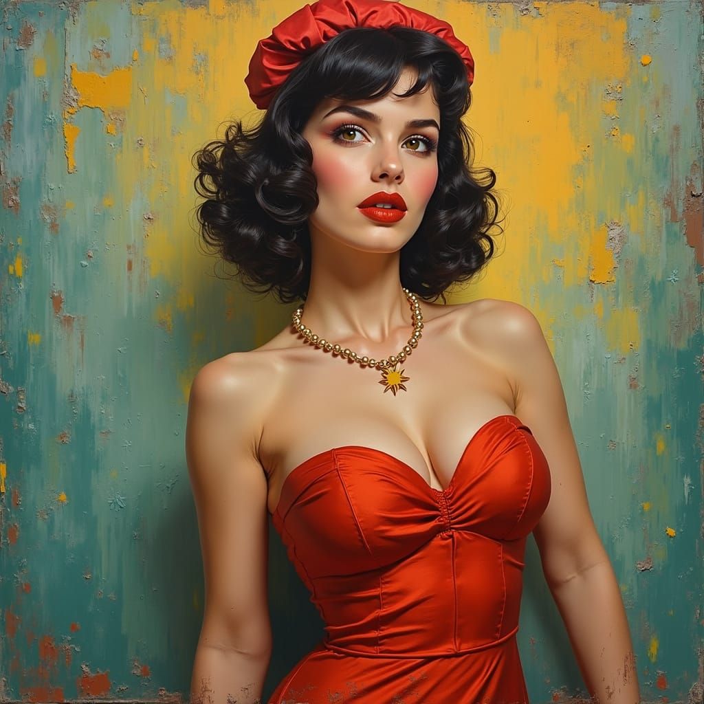 Pinup Girl Portrait as Impasto Oil Painting