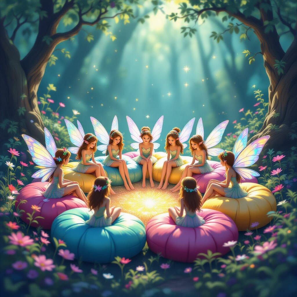 Magical Fairy Ring with Twenty Fairies on Flower Cushions
