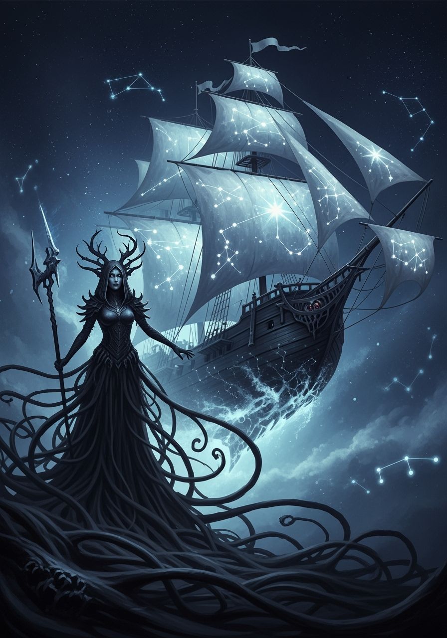 A spectral sorceress, cloaked in shadows that writhe like li...