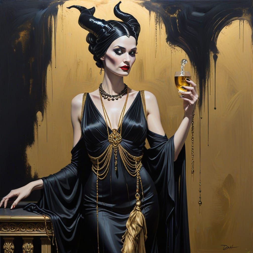 Maleficent as 1920s Singer in Gold Gown, Surreal Style