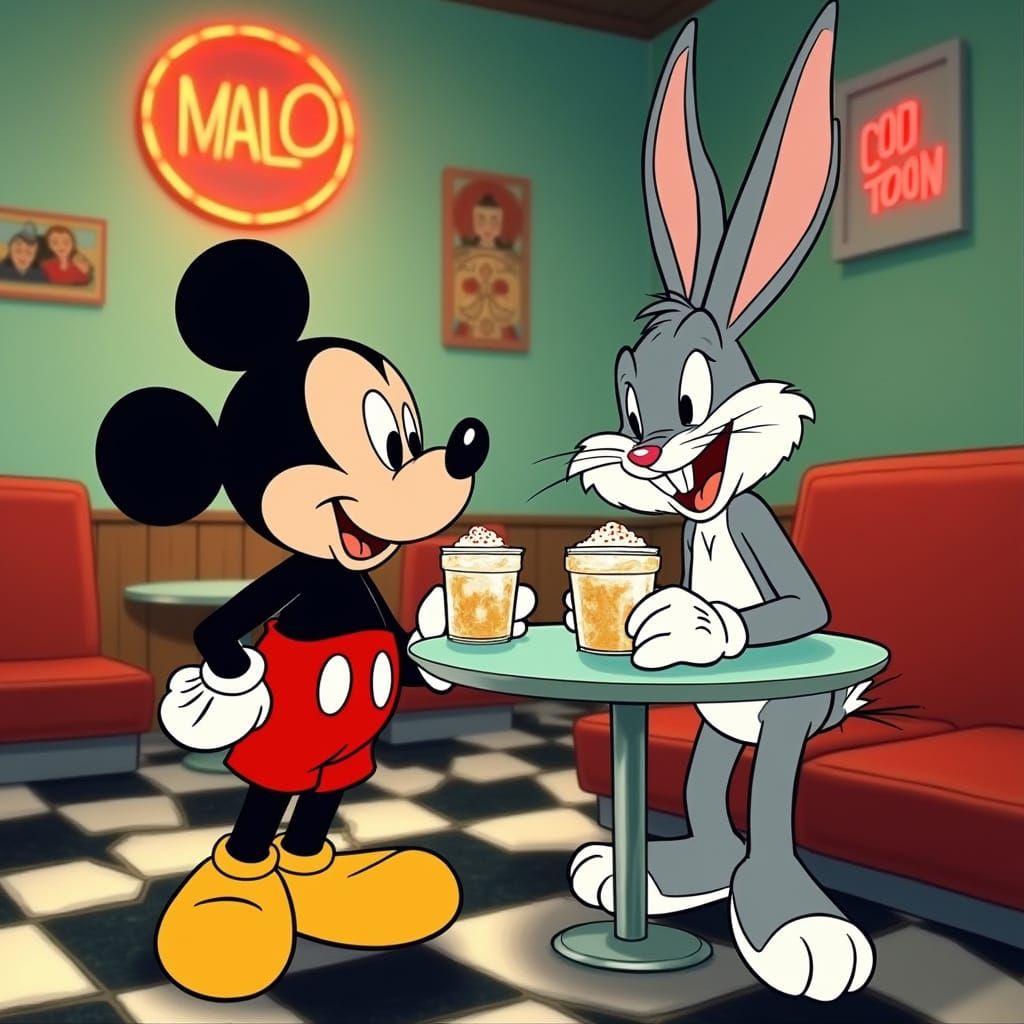 Retro Diner Showdown: Mickey and Bugs in a Colorful Clash