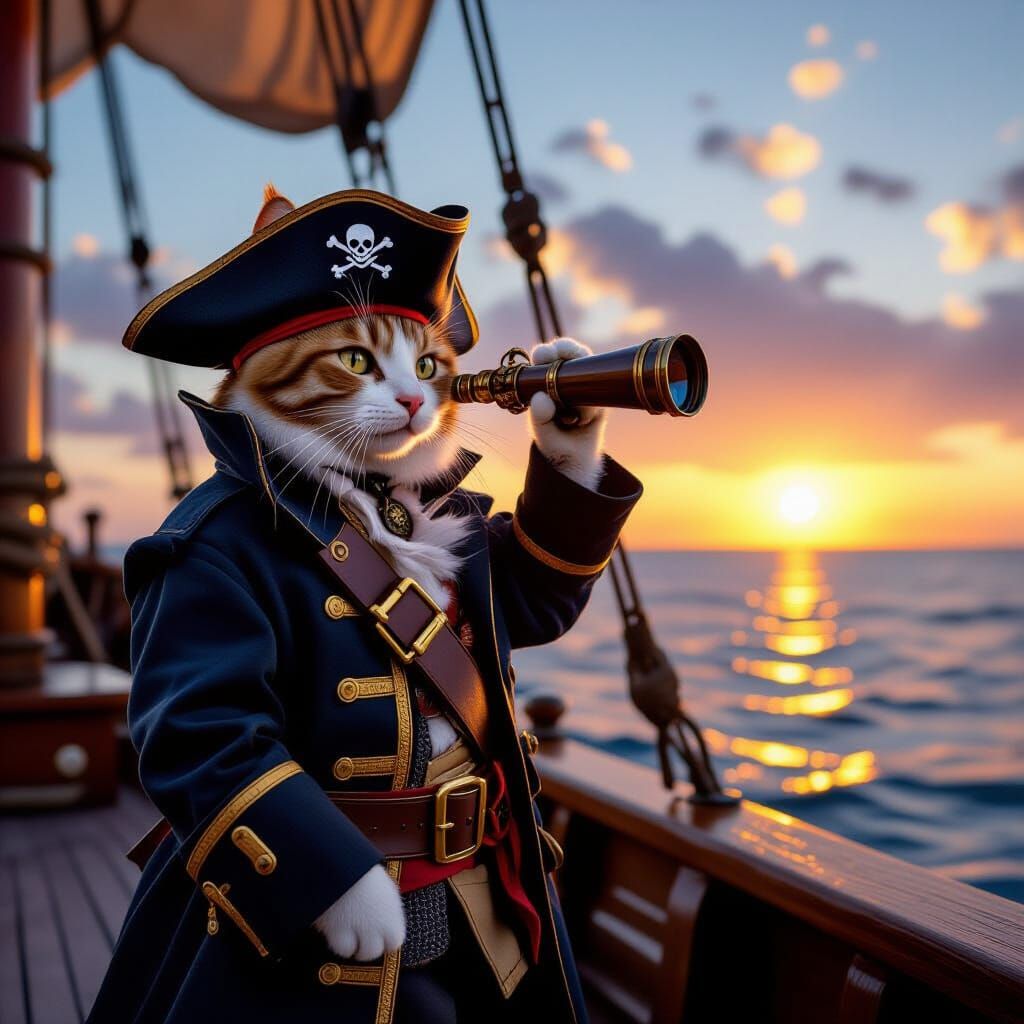 Pirate Cat Captain on Caribbean Ship at Sunset