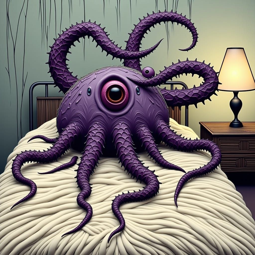 Distorted Nightmare Creature Climbing on Bed