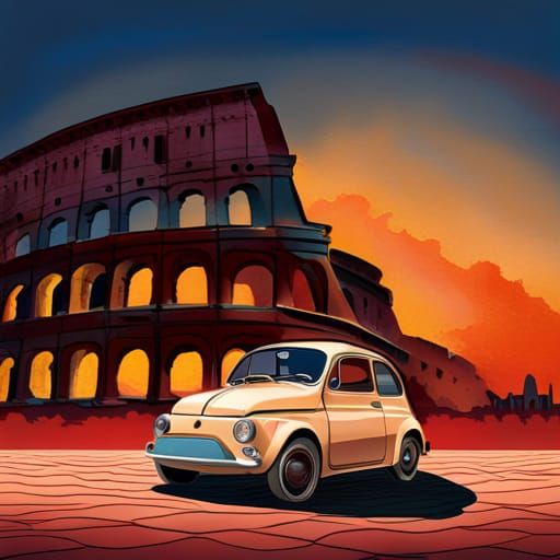 Red Fiat 500 in Japanese Woodcut Style