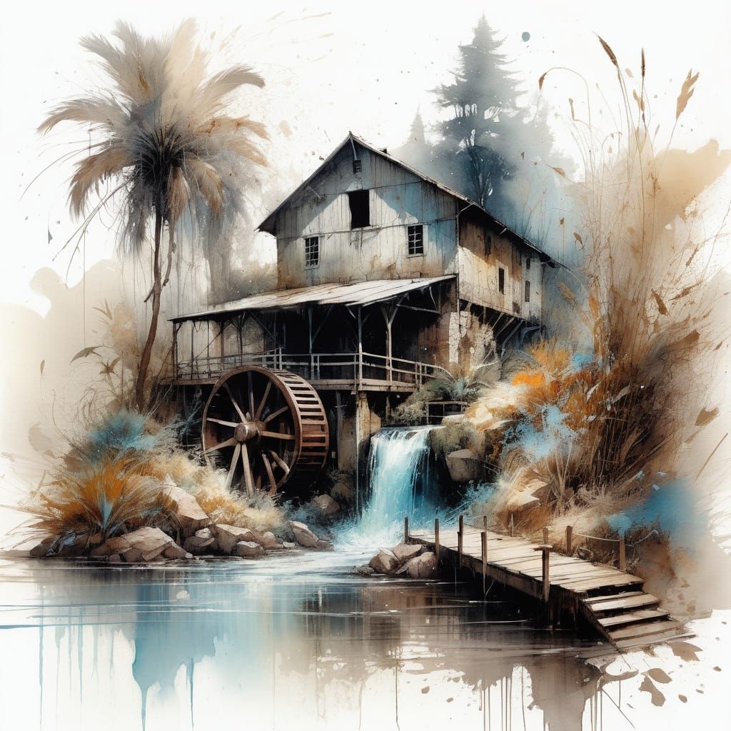 Surreal Watercolour Fantasy with Flour Mill Wheel and Waterf...