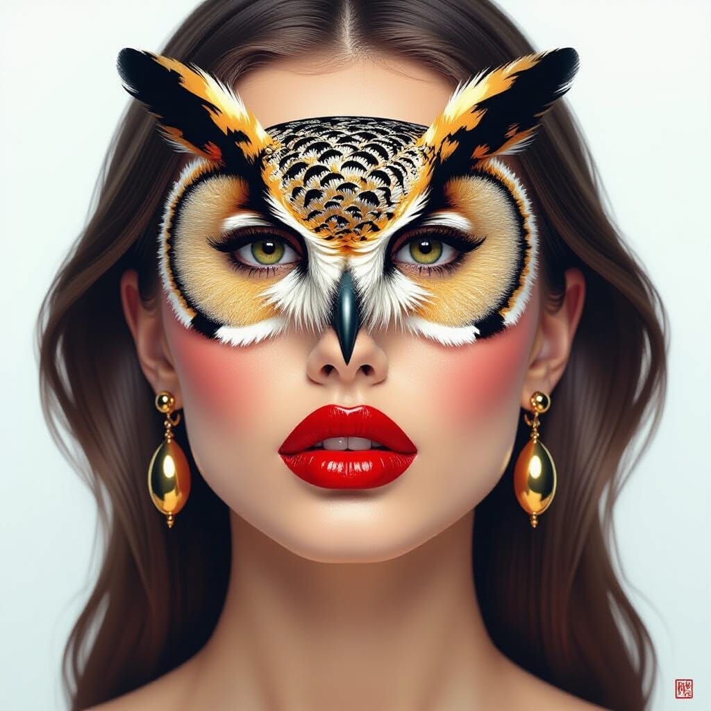 Red Lips and Owl in Pop Art Style