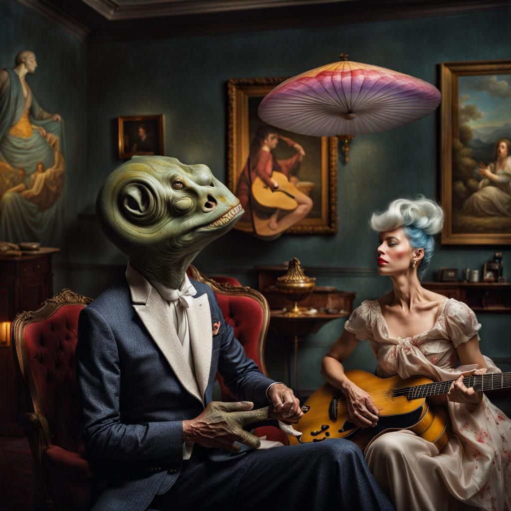 Joyful Party with Surreal Creatures, Photorealistic Photogra...
